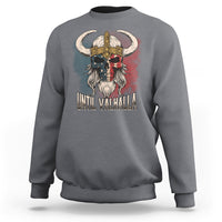 Charcoal gray Viking sweatshirt with skull helmet and 'Until Valhalla' front graphic
