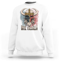 White Viking sweatshirt with skull helmet and 'Until Valhalla' front graphic