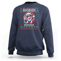 Navy Christmas graphic sweatshirt with Santa face and “RIZZMAS” festive text