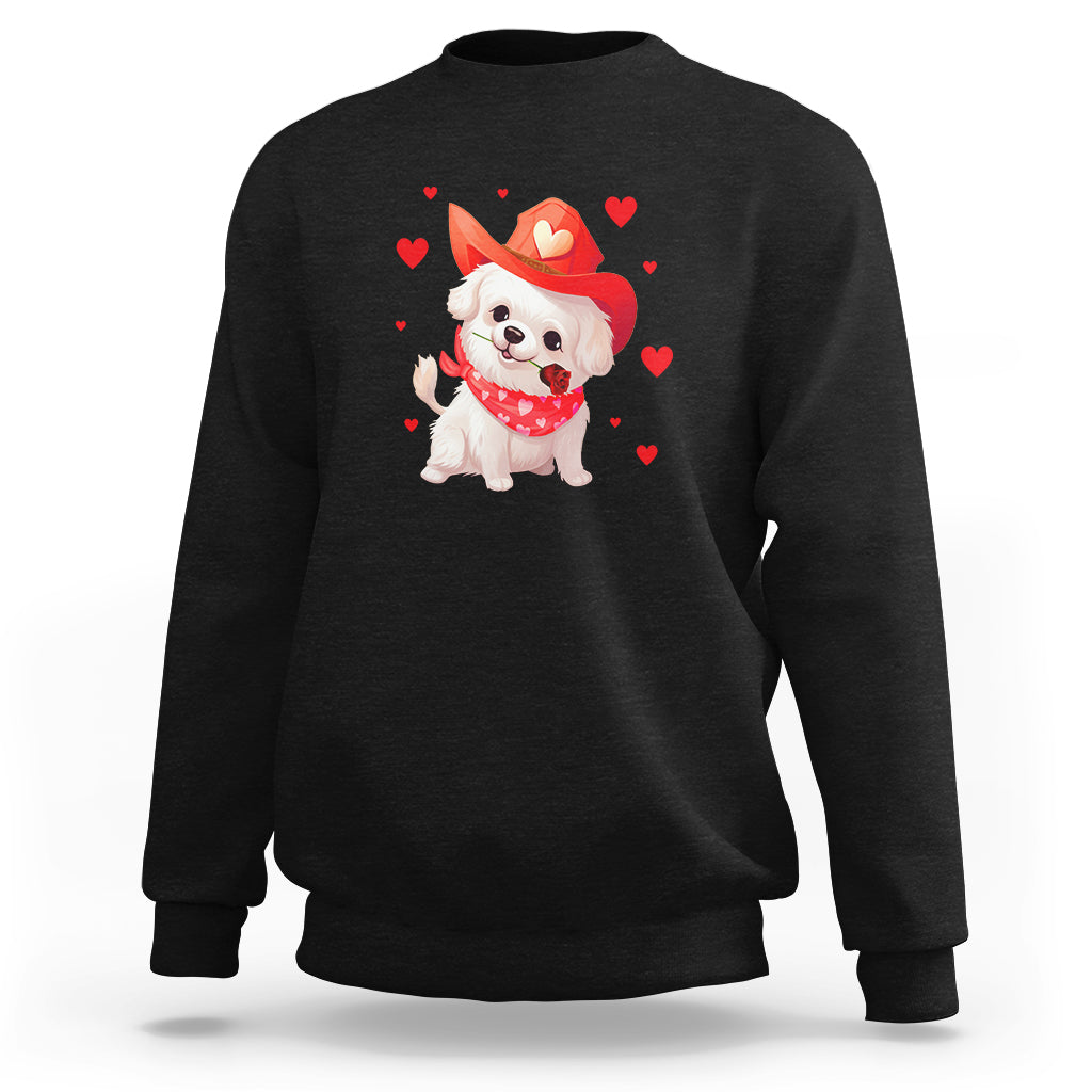 Black crewneck sweatshirt with Valentine puppy cowboy graphic and red hearts