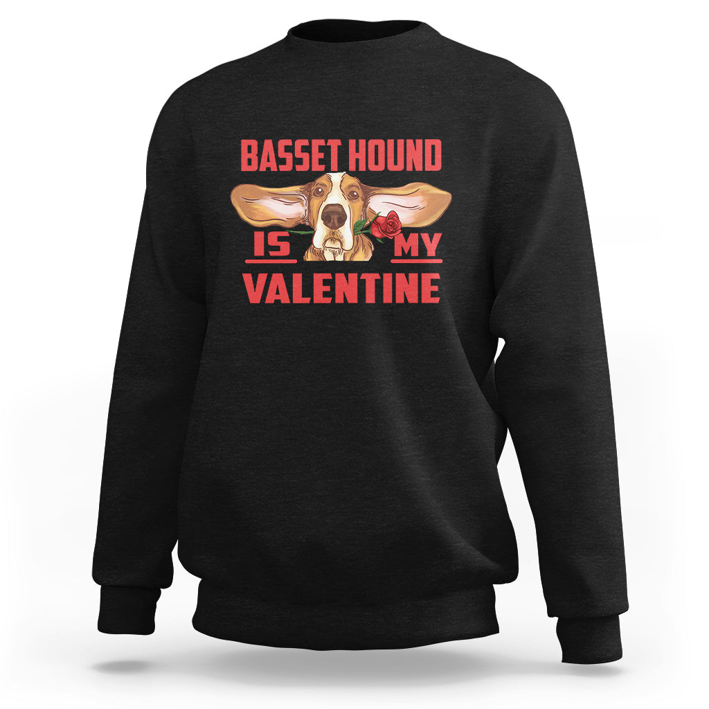 Black crewneck sweatshirt with basset hound rose graphic and 'Valentine' text