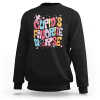 Black crewneck sweatshirt with colorful "Cupid's Favorite Nurse" graphic and cupid hearts