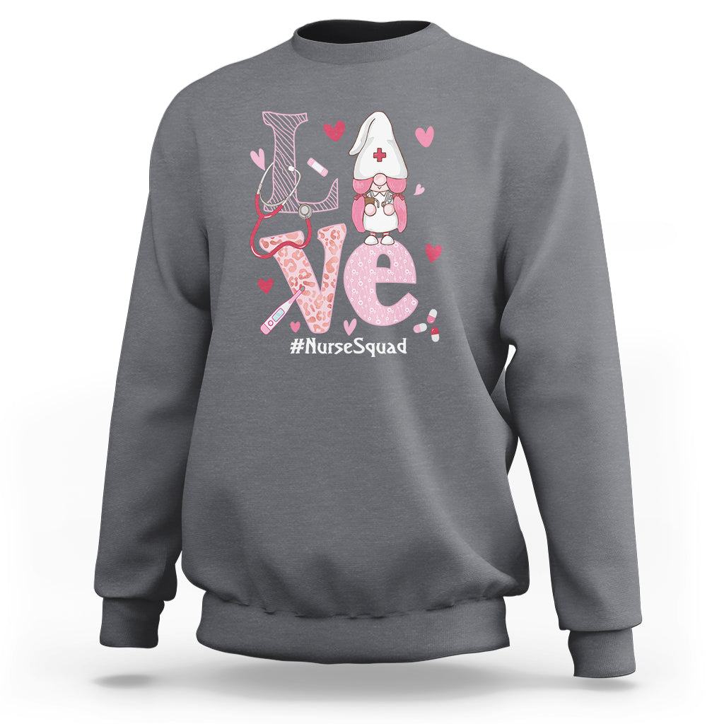 Charcoal gray sweatshirt with nurse gnome graphic, hearts, and #NurseSquad text