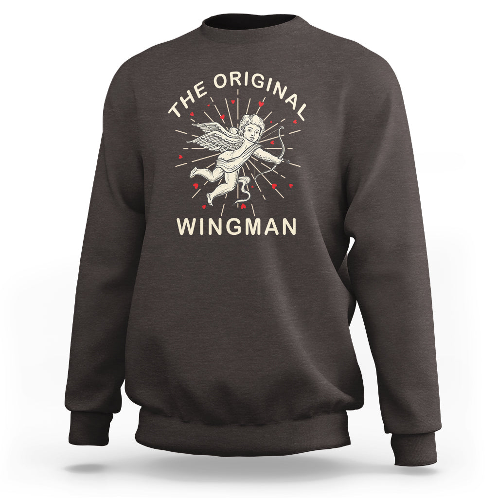 Dark chocolate crewneck sweatshirt with vintage Cupid wingman graphic on the front.