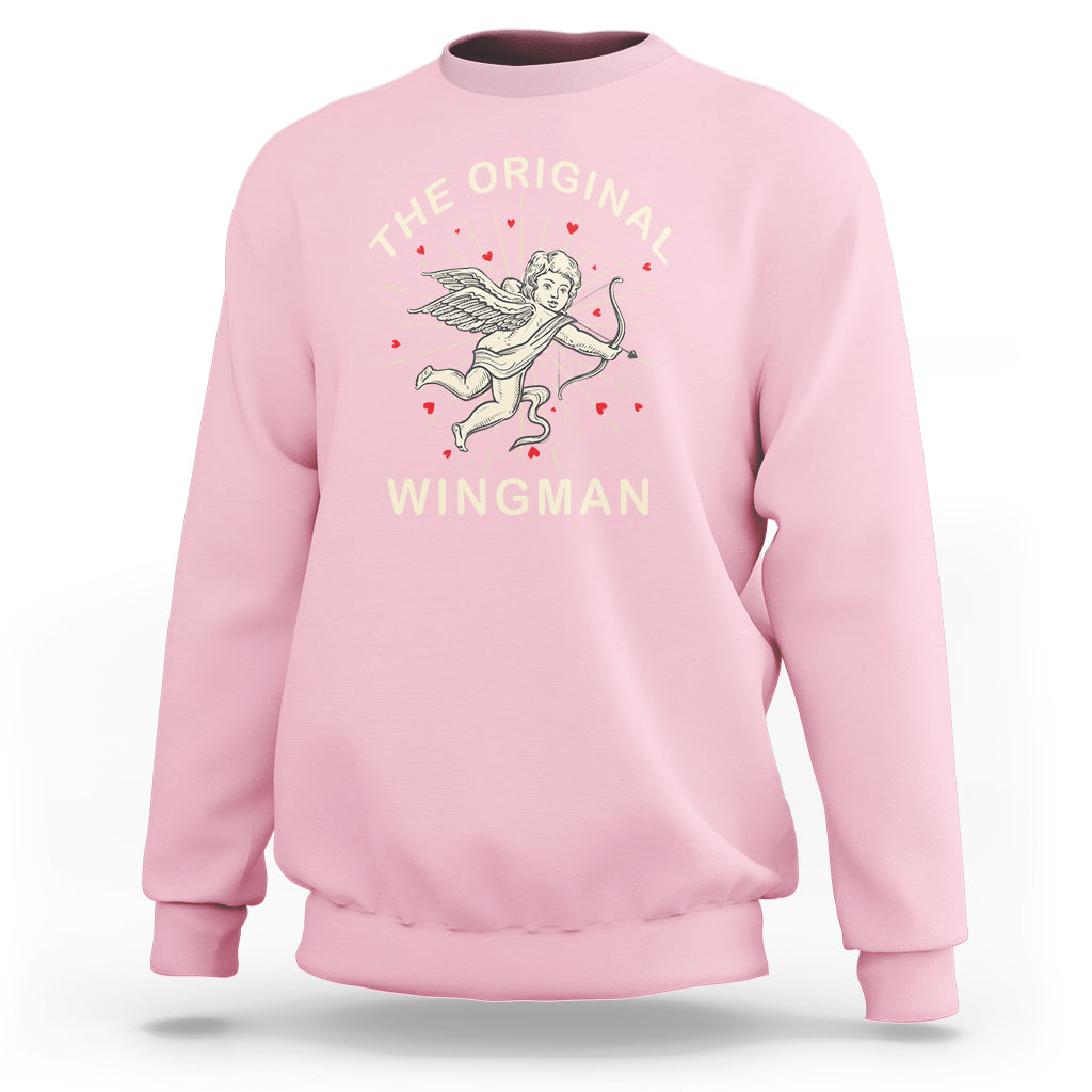Light pink crewneck sweatshirt with vintage Cupid wingman graphic on the front.