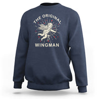 Navy crewneck sweatshirt with vintage Cupid wingman graphic on the front.