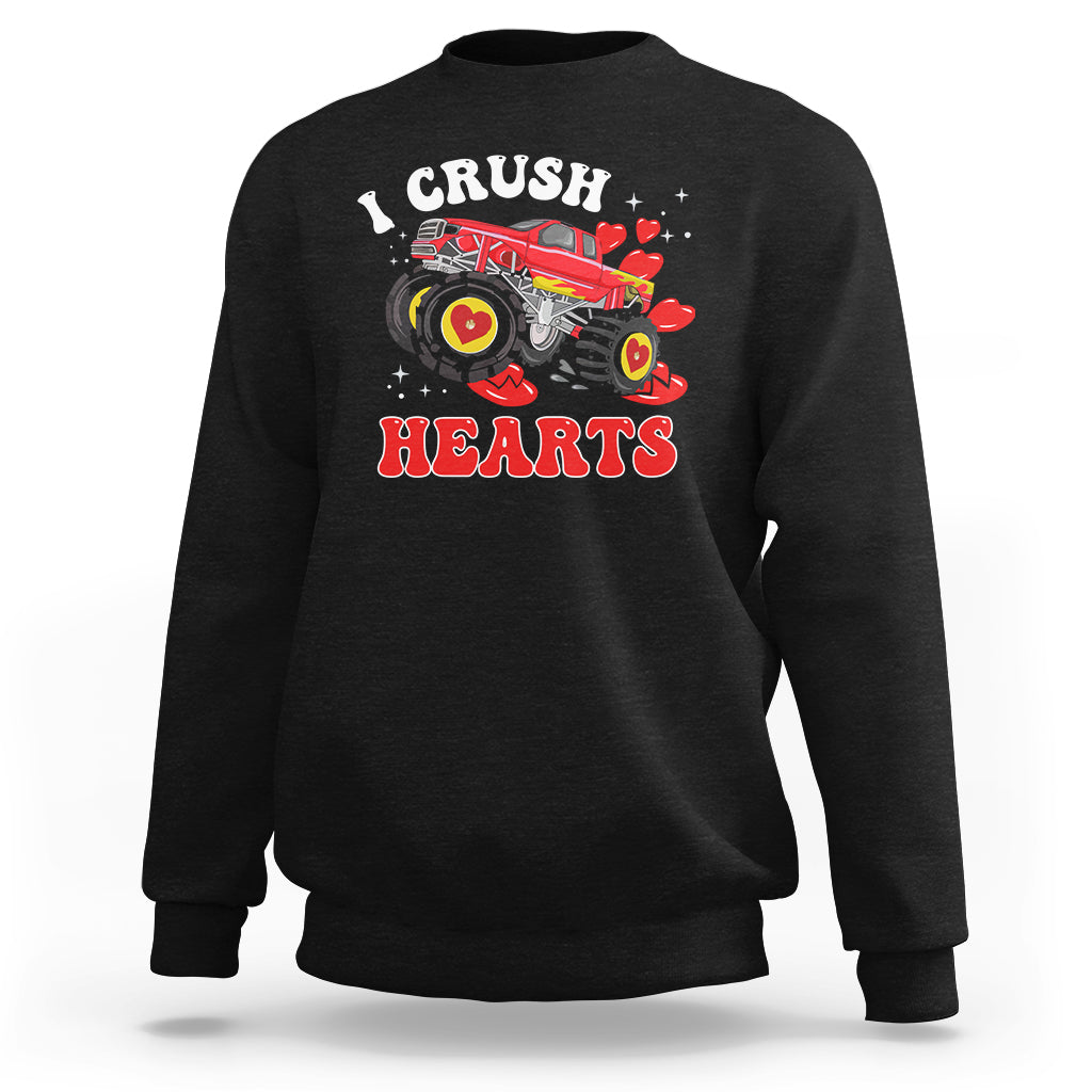 Black crewneck sweatshirt with monster truck graphic and red heart text