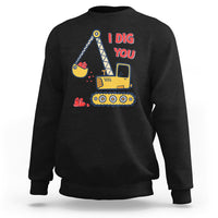 Black Valentine’s Day sweatshirt with “I DIG YOU” construction truck and heart graphic