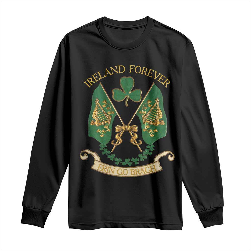 Black long sleeve shirt with Ireland Forever clover graphic and gold banner text