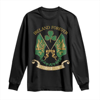 Black long sleeve shirt with Ireland Forever clover graphic and gold banner text