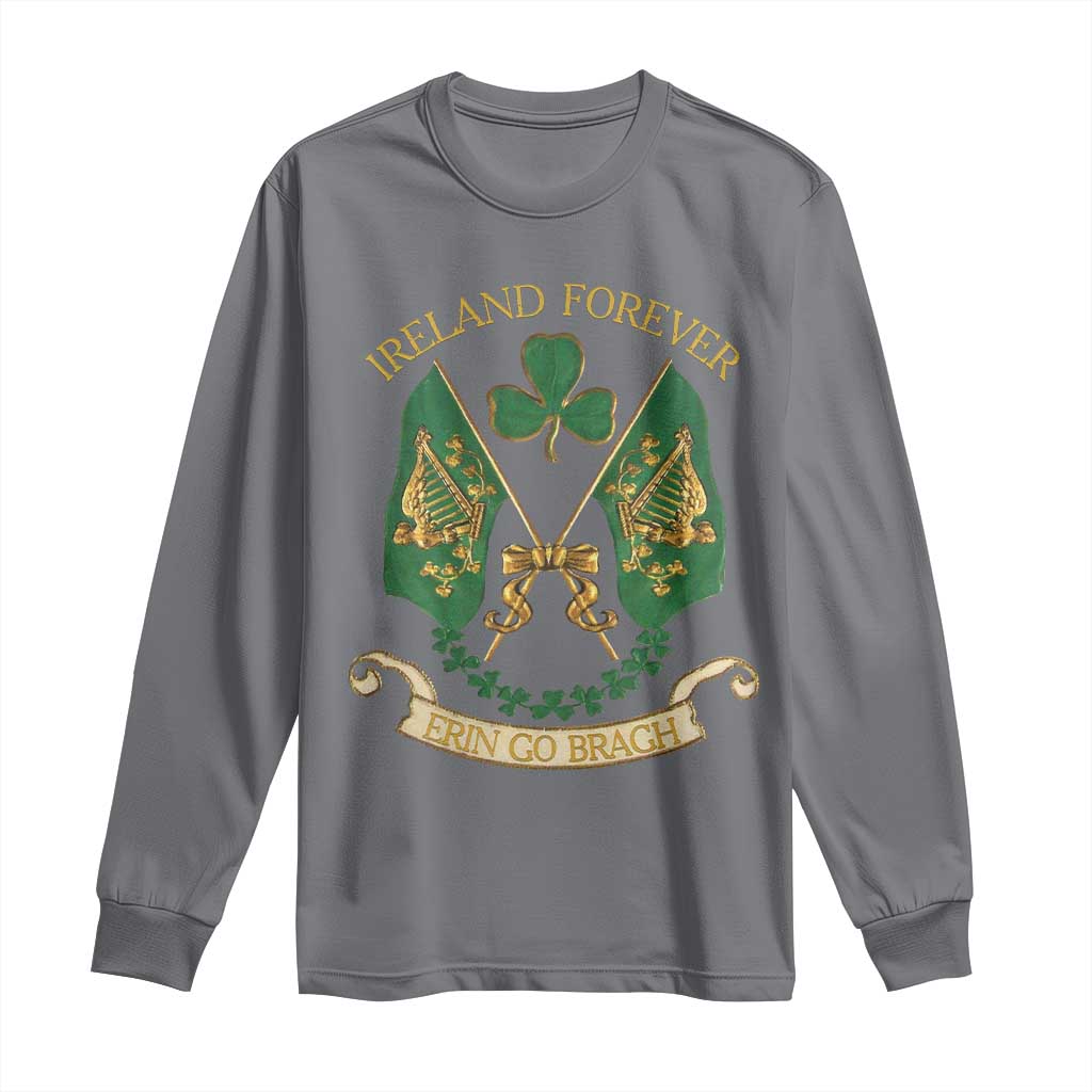 Charcoal gray long sleeve shirt with Ireland Forever clover graphic and gold banner text