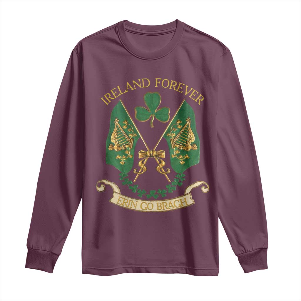 Maroon long sleeve shirt with Ireland Forever clover graphic and gold banner text