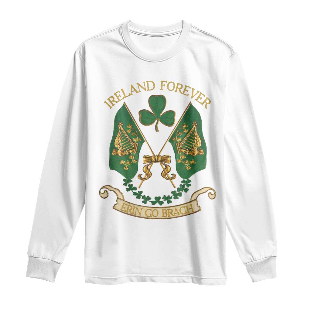 White long sleeve shirt with Ireland Forever clover graphic and gold banner text