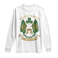 White long sleeve shirt with Ireland Forever clover graphic and gold banner text