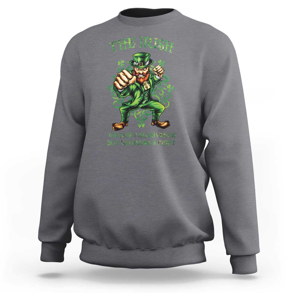 Charcoal gray crewneck sweatshirt with green leprechaun graphic on back.