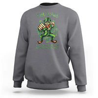 Charcoal gray crewneck sweatshirt with green leprechaun graphic on back.