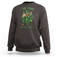 Charcoal crewneck sweatshirt with green leprechaun graphic on back.