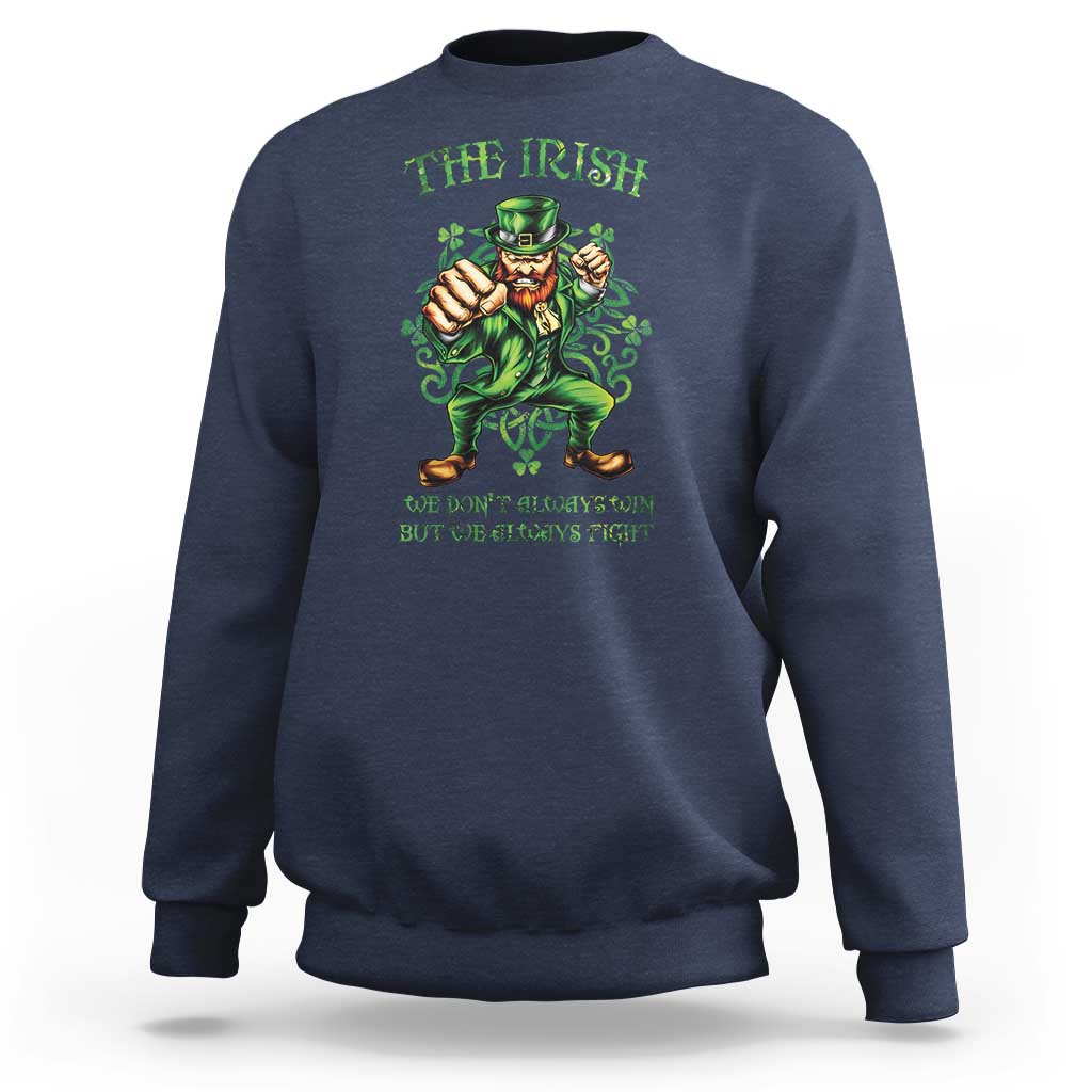 Navy crewneck sweatshirt with green leprechaun graphic on back.