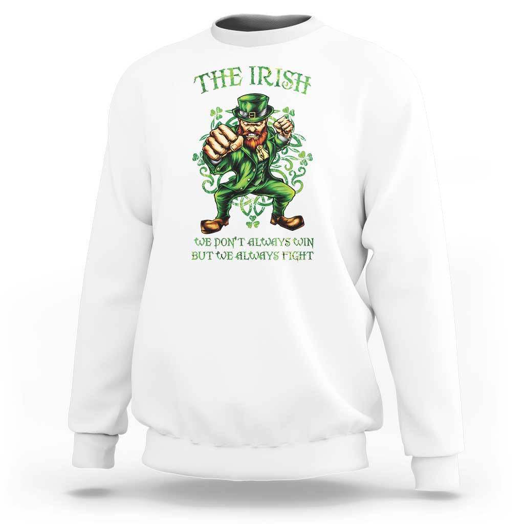 White crewneck sweatshirt with green leprechaun graphic on back.