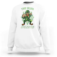 White crewneck sweatshirt with green leprechaun graphic on back.