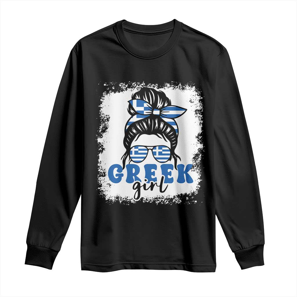Black long-sleeve T-shirt with Greek girl graphic, headband, and glasses