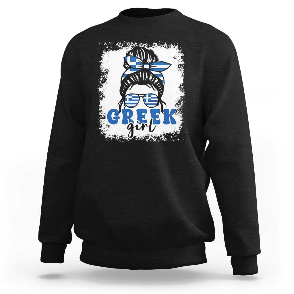 Black crewneck sweatshirt with “Greek girl” graphic print on the chest