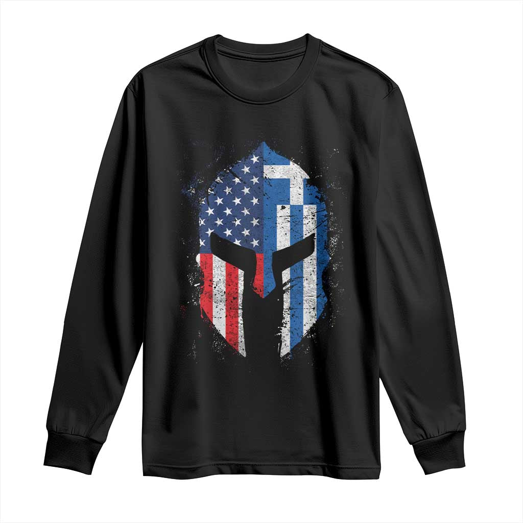 Black long-sleeve shirt with Spartan helmet flag graphic