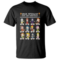Black graphic T-shirt with Greek mythology character grid print on front