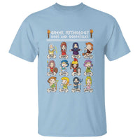 Light blue graphic T-shirt with Greek mythology character grid print on front