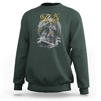 Dark forest green crewneck sweatshirt with Poseidon trident "The King" front graphic