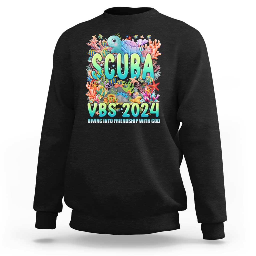 Black crewneck sweatshirt with scuba-themed "SCUBA VBS 2024" graphic