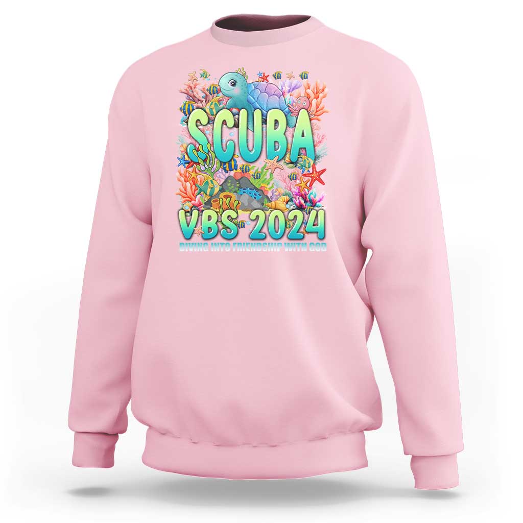 Light pink crewneck sweatshirt with scuba-themed "SCUBA VBS 2024" graphic