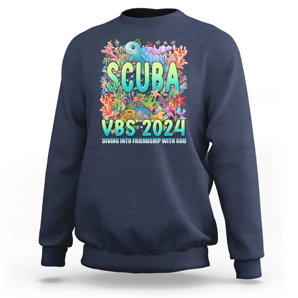 Navy crewneck sweatshirt with scuba-themed "SCUBA VBS 2024" graphic
