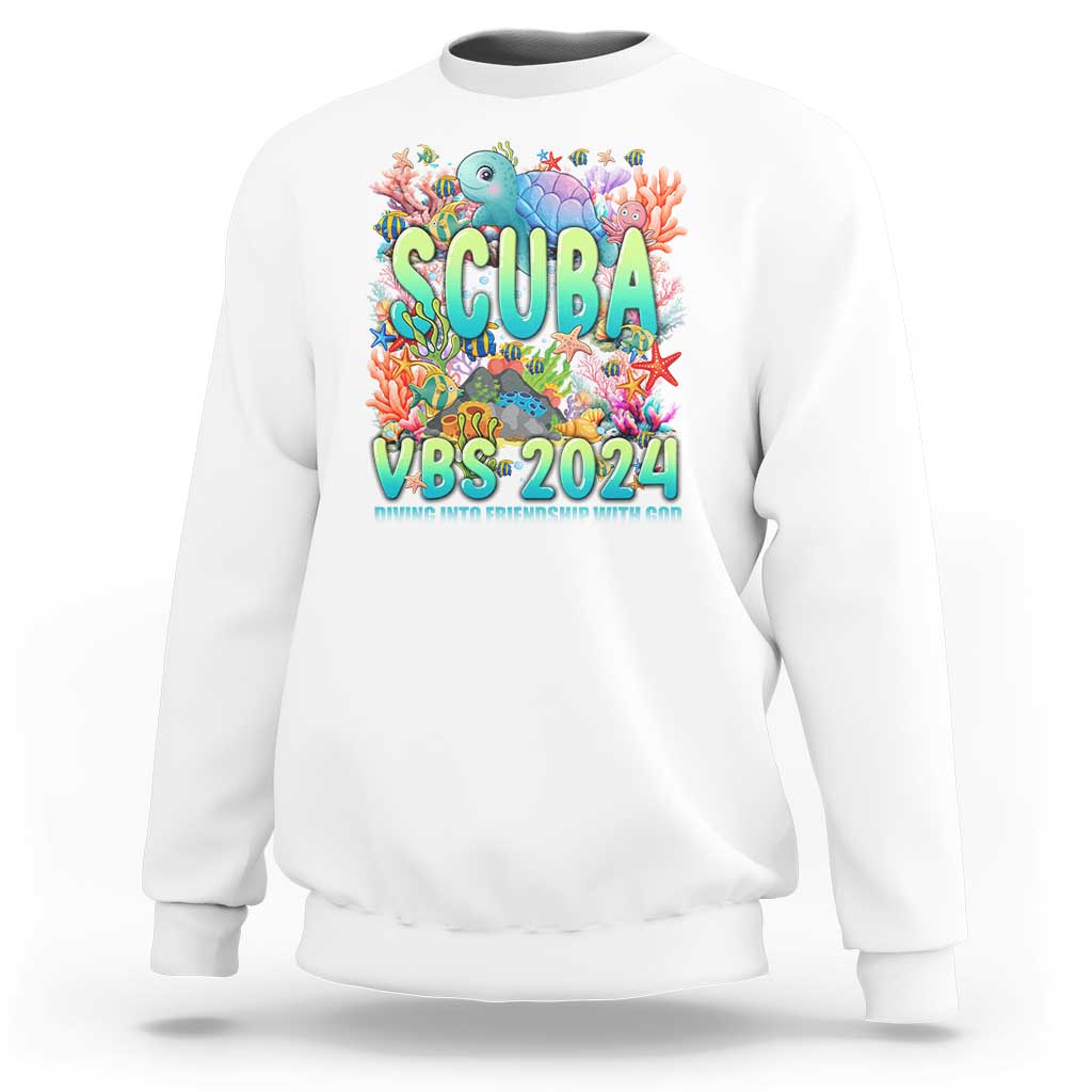 White crewneck sweatshirt with scuba-themed "SCUBA VBS 2024" graphic
