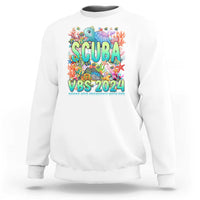 White crewneck sweatshirt with scuba-themed "SCUBA VBS 2024" graphic
