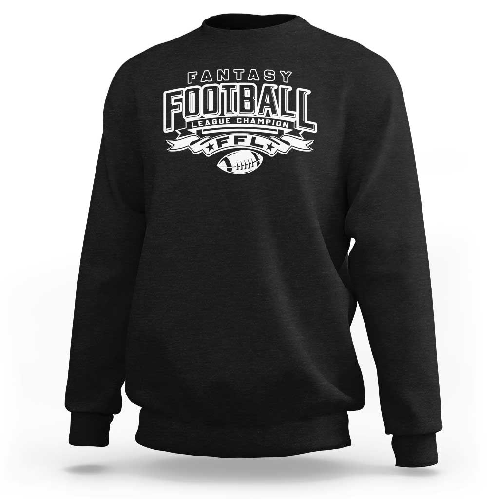 Black crewneck fantasy football sweatshirt with white league champion graphic