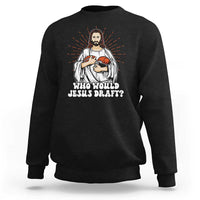 Funny fantasy football crewneck sweatshirt in black, Jesus holding football graphic with wording.