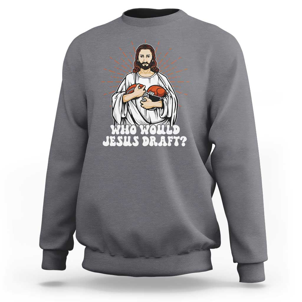 Funny fantasy football crewneck sweatshirt in charcoal gray, Jesus football graphic with wording.