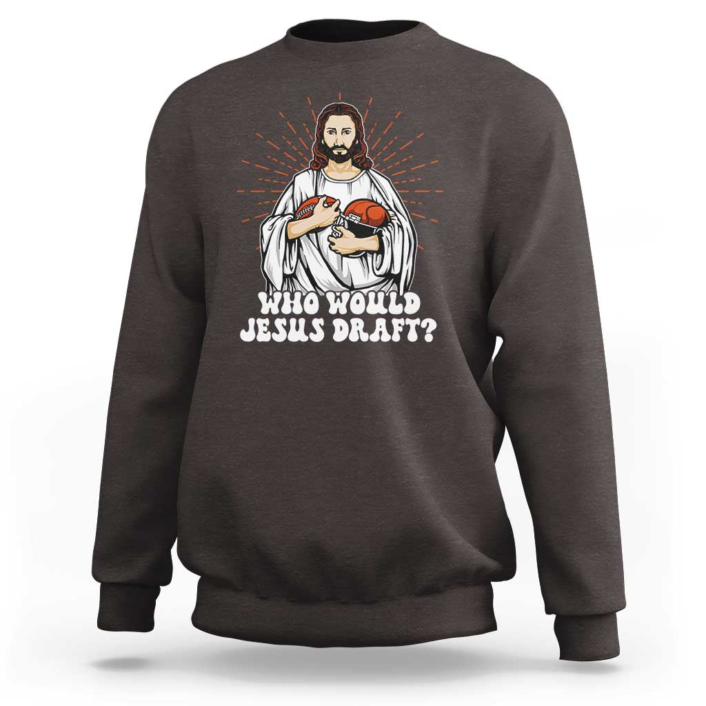 Funny fantasy football crewneck sweatshirt in dark chocolate brown, Jesus holding football graphic.
