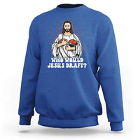 Funny fantasy football crewneck sweatshirt in royal blue, Jesus holding football graphic and text.
