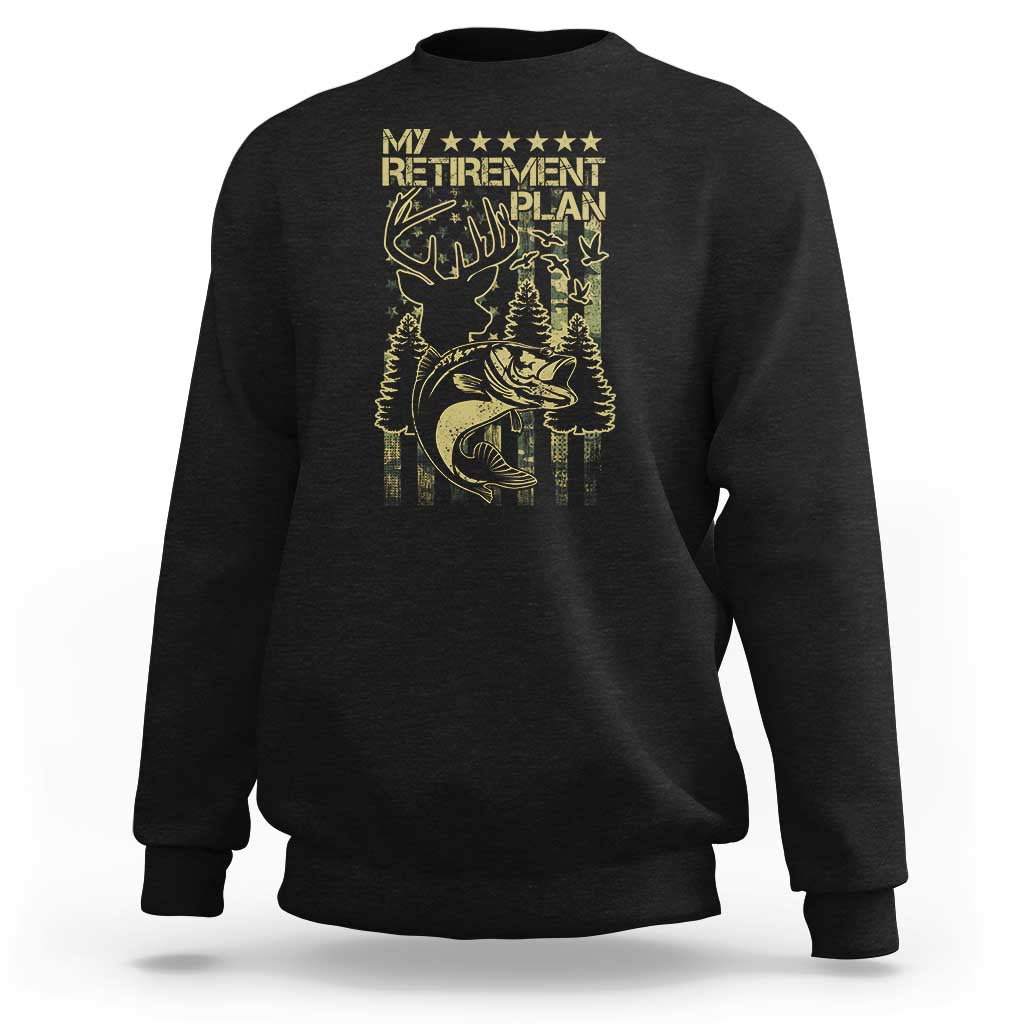 Black crewneck sweatshirt with gold hunting-and-fishing retirement graphic on back