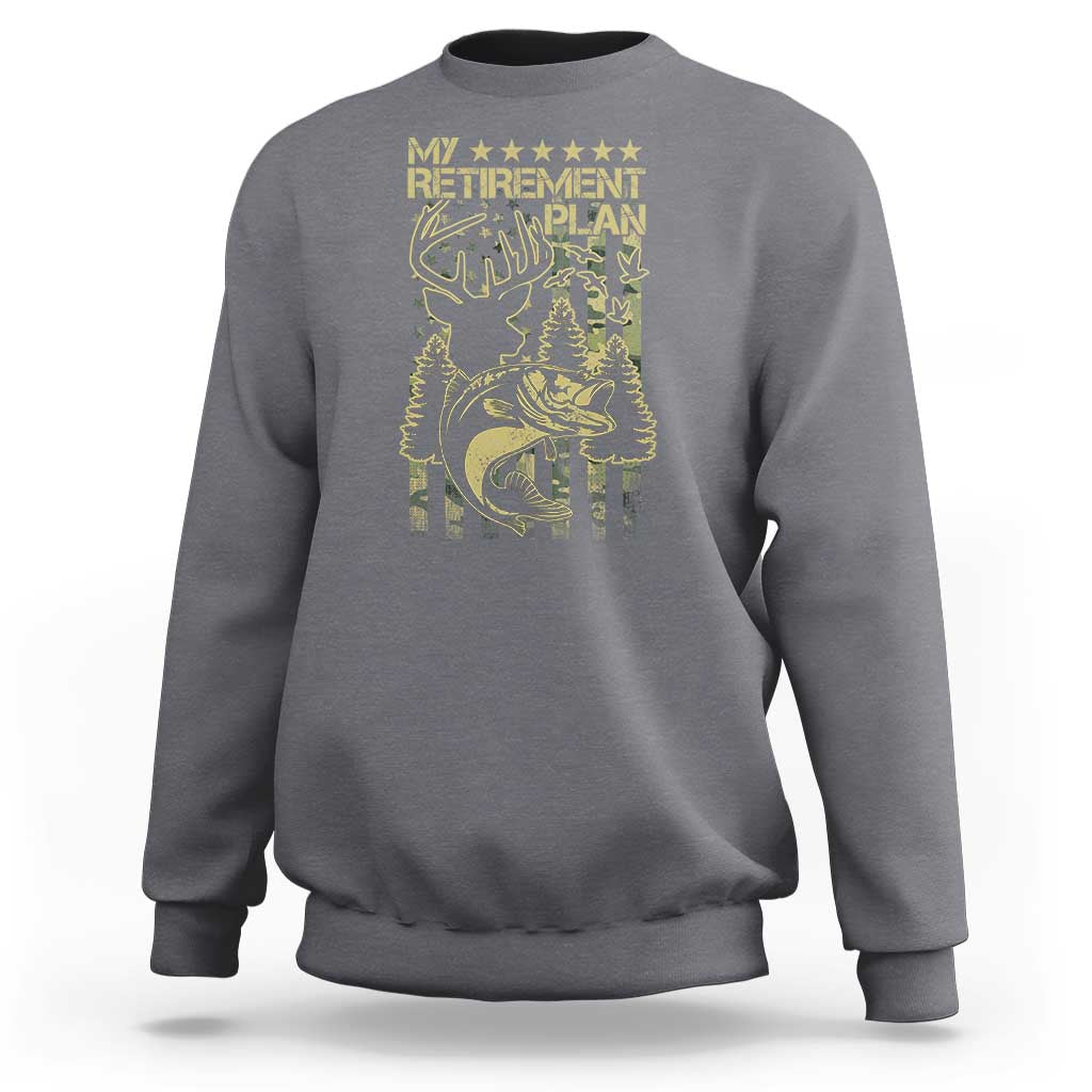 Charcoal gray crewneck sweatshirt with gold hunting-and-fishing retirement graphic on back