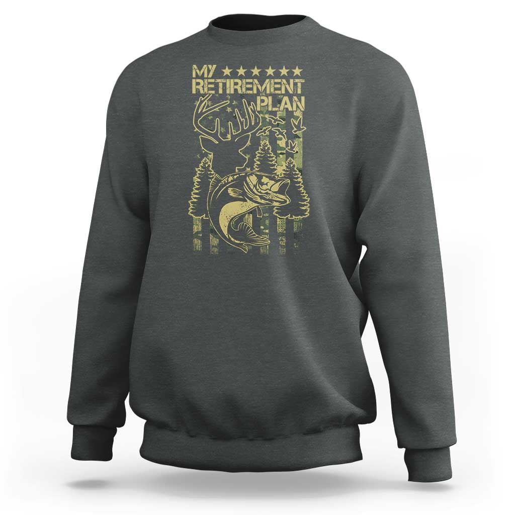 Dark heather gray crewneck sweatshirt with gold hunting-and-fishing retirement graphic on back