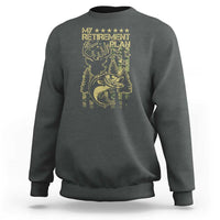 Dark heather gray crewneck sweatshirt with gold hunting-and-fishing retirement graphic on back