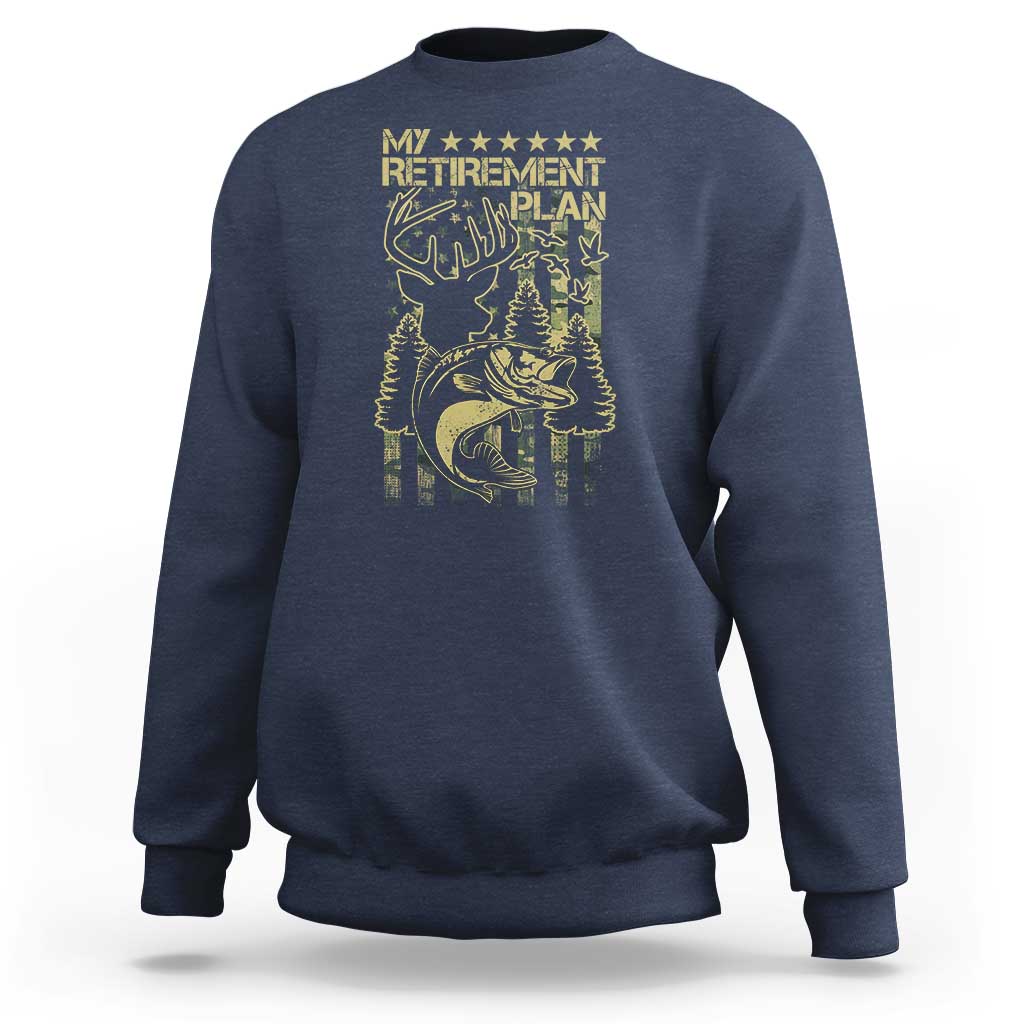 Navy crewneck sweatshirt with gold hunting-and-fishing retirement graphic on back
