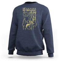 Navy crewneck sweatshirt with gold hunting-and-fishing retirement graphic on back