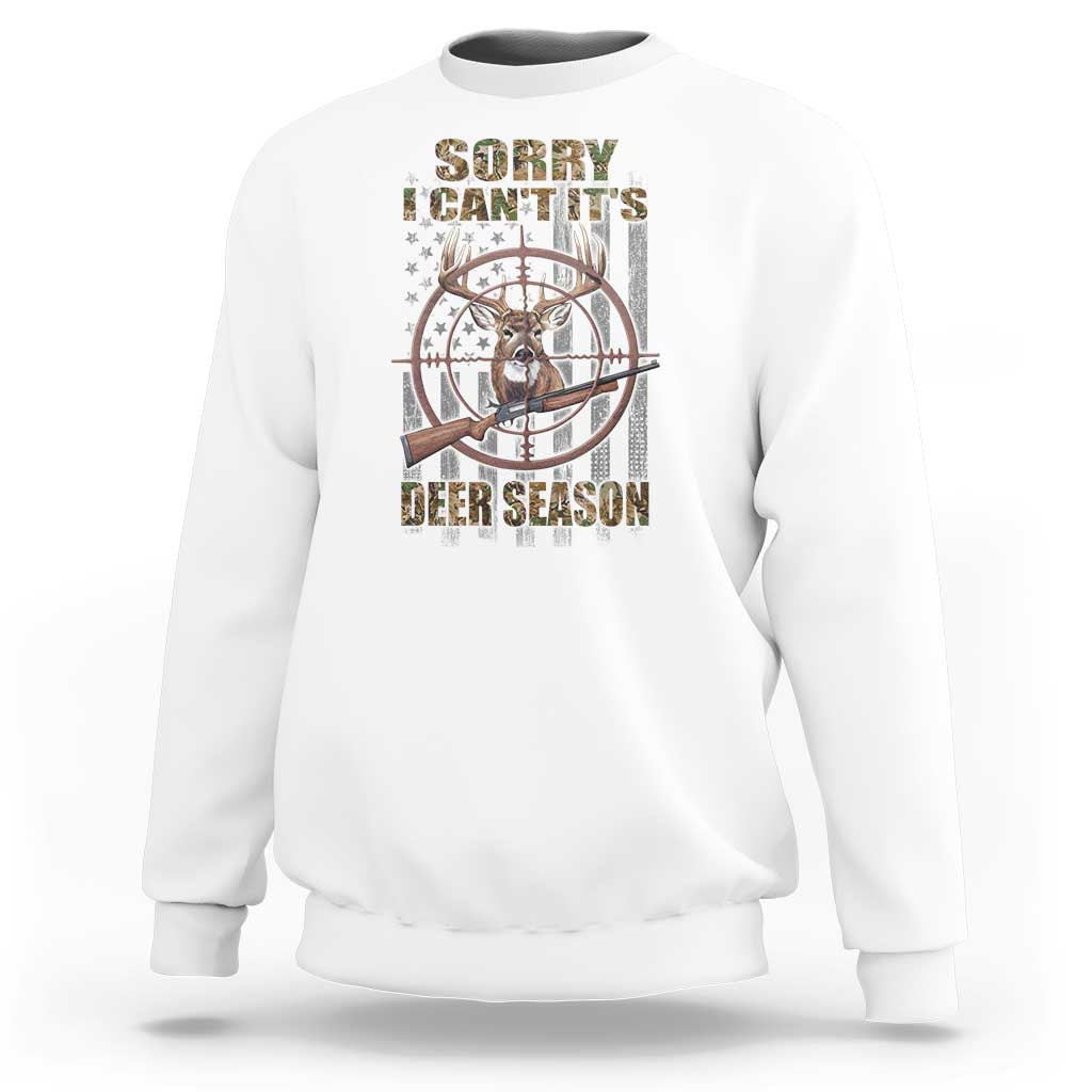 White hunting sweatshirt with deer antler graphic and "Sorry I can't" text