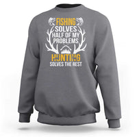 Charcoal hunting and fishing sweatshirt with 'Fishing solves half' graphic