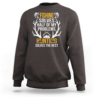 Dark chocolate hunting and fishing sweatshirt with 'Fishing solves half' graphic