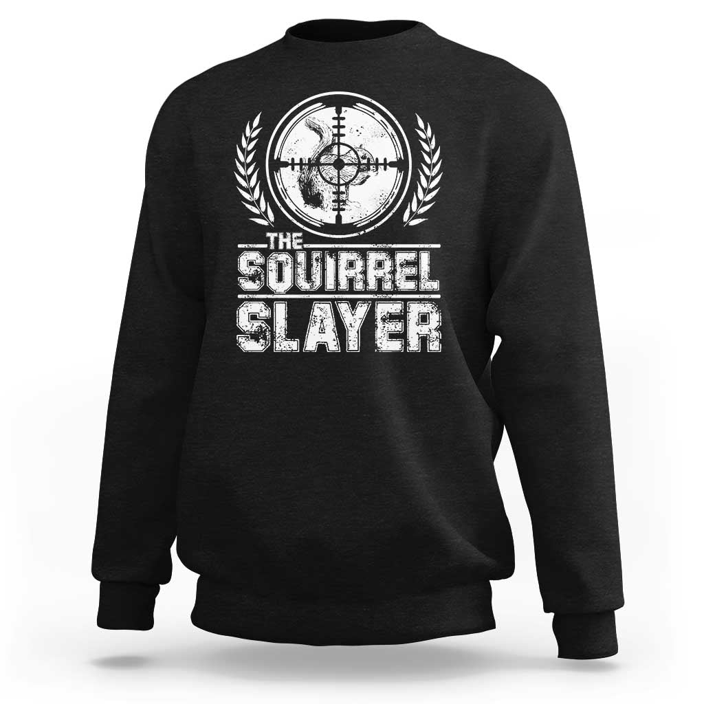 Black crewneck sweatshirt with vintage squirrel slayer emblem graphic on front